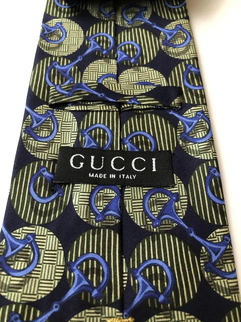 Gucci Tie Mens One Size Blue Silk Horsebit Geometric Equestrian Made In Italy